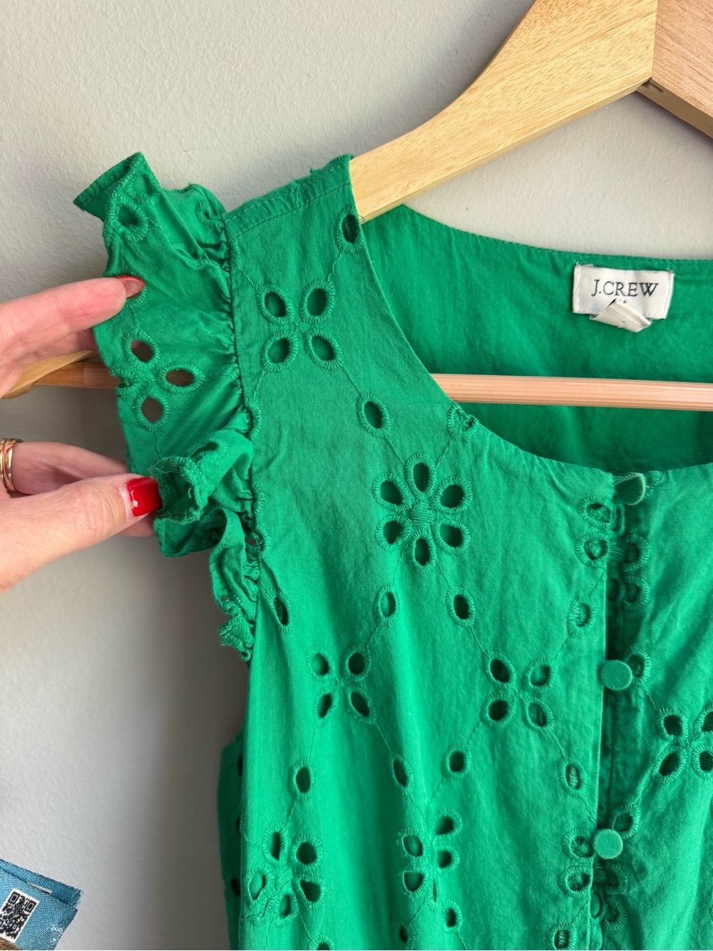 J. Crew Emerald Green Eyelet Midi Dress with Ruffle Sleeves Wedding Garden Party - Picture 4 of 10